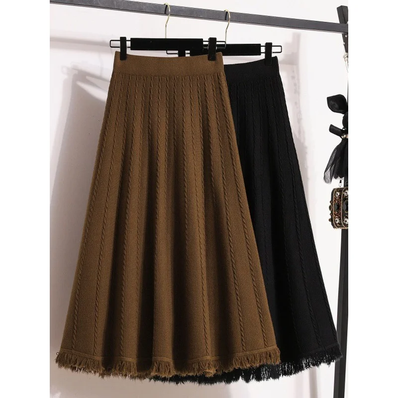 Size Fashion High Waist Slimming Knitted Season Plump Girls Anti-Aging Elegant Flab Hiding Frayed Large Hem Skirt size fashion high waist slimming knitted season plump girls anti aging elegant flab hiding frayed large hem skirt