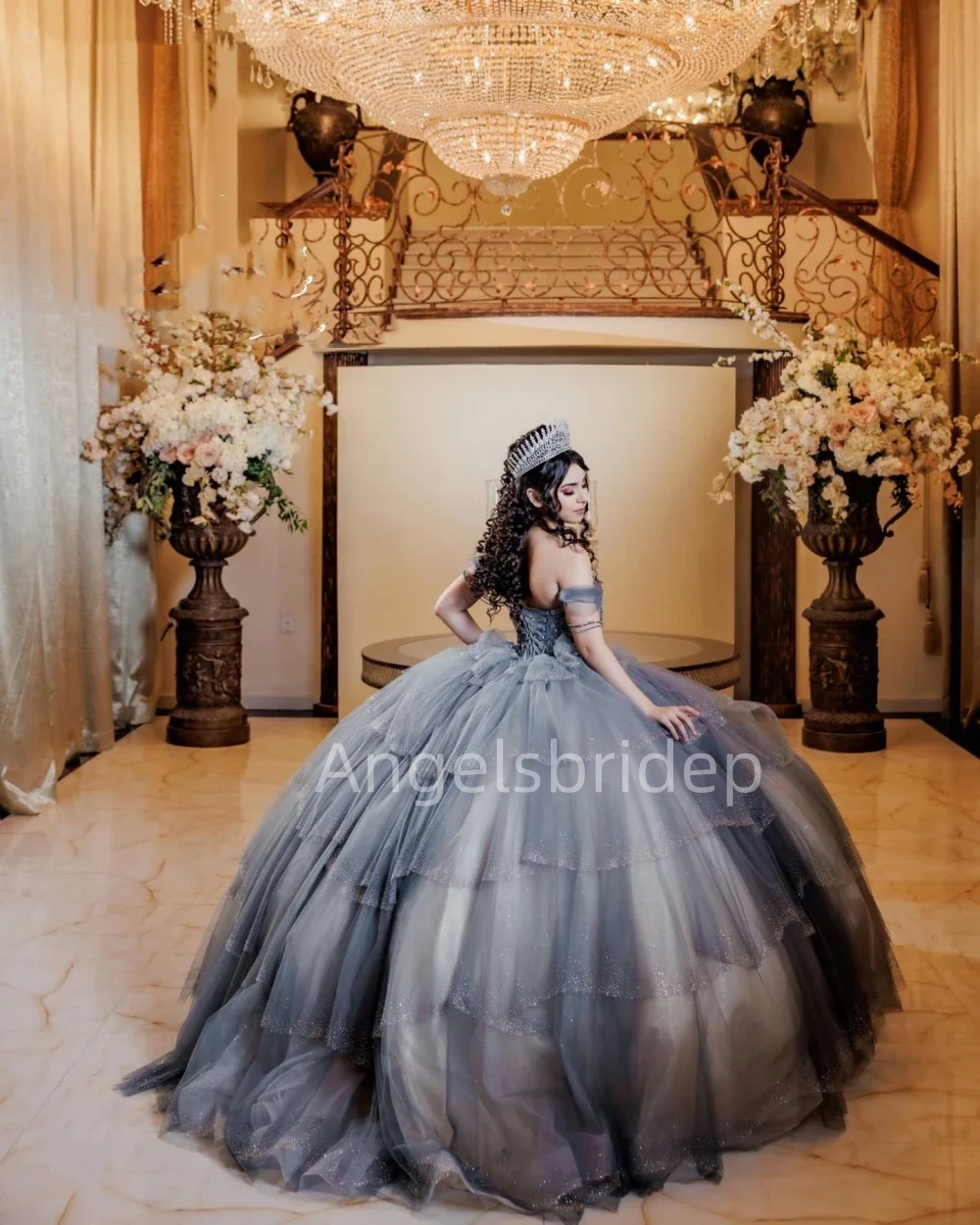 Angelsbride Chic Grey Ball Gown Quinnceanera Dresses Tiered Shiny Applique Beading Evening Party Vestidos De Fiesta