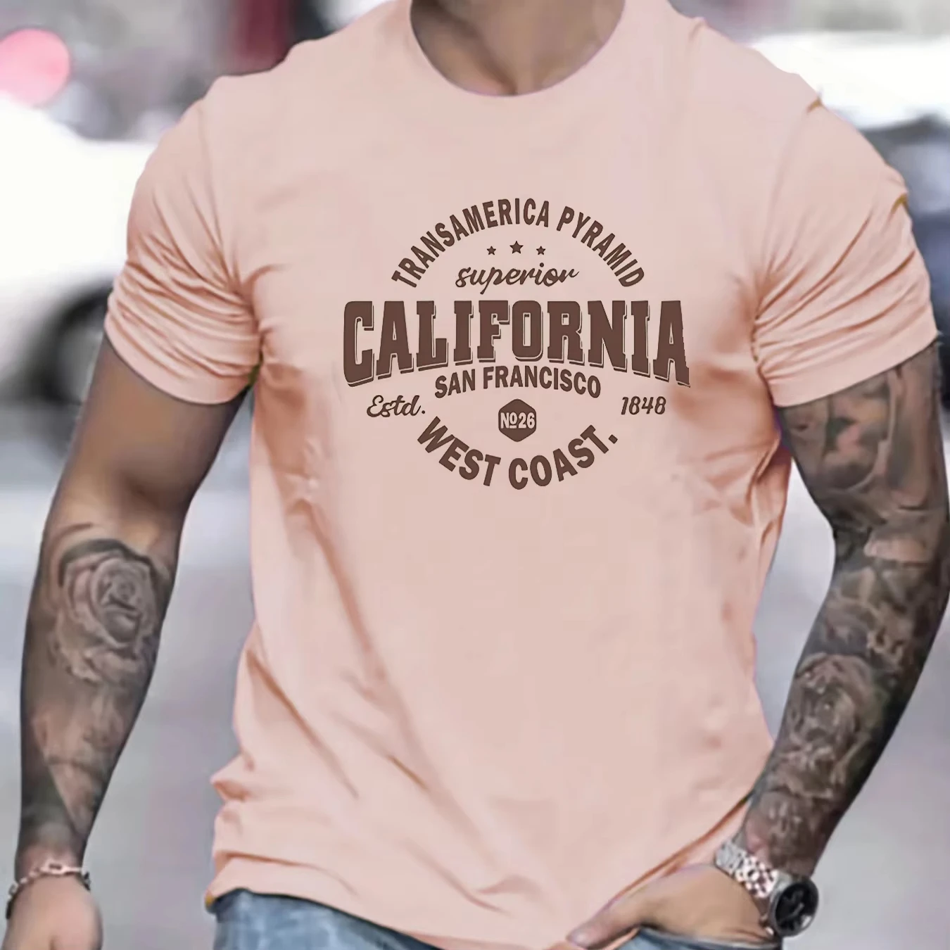 Men's Cotton Casual Sports Loose Fit California West Coast Print Round Neck Short Sleeved T-shirt Top Summer Men Clothes