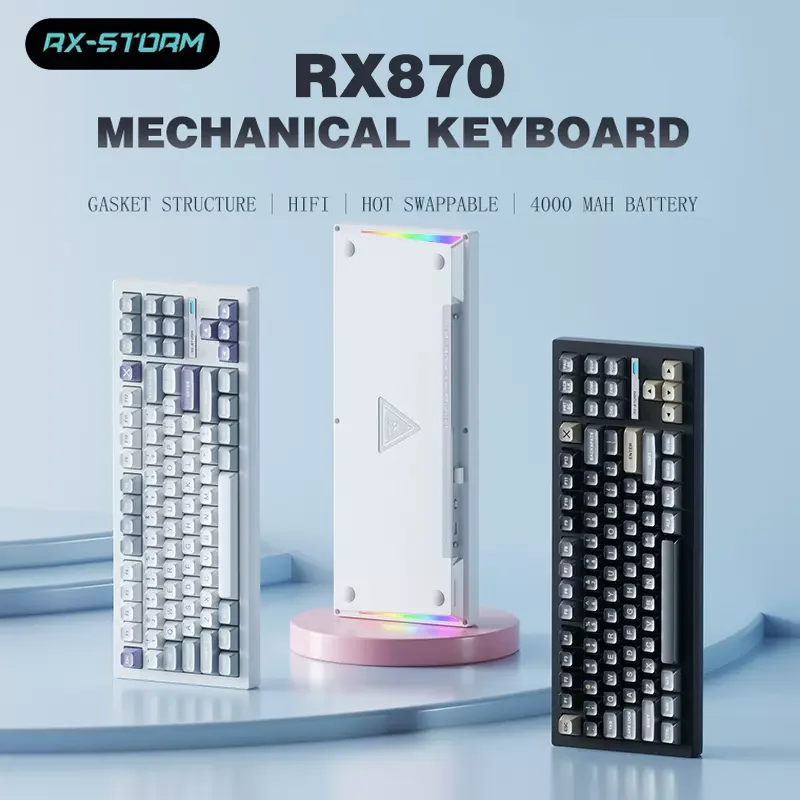 

Side Printed RX870 Wireless Three-mode Mechanical Keyboard Customized PCBA-GASKET Structure Bluetooth Wired E-sports