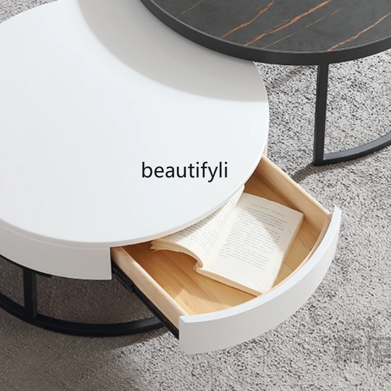 

HJ Stone Plate TV Cabinet and Tea Table Combination Simple round Small Coffee Table Retractable