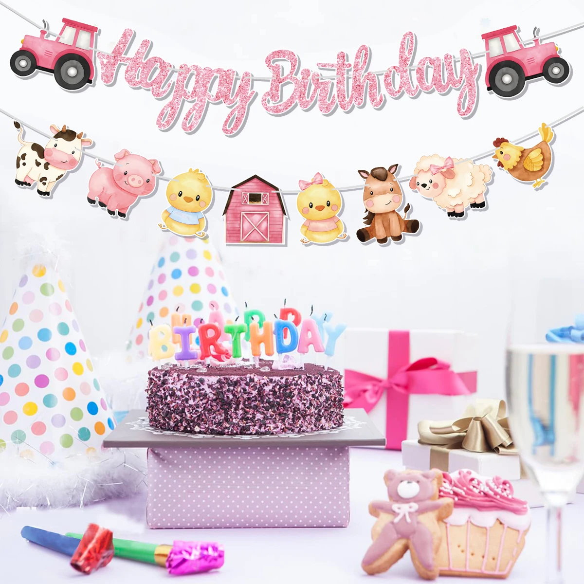Animali da fattoria Fienile rosa Decorazioni per feste di compleanno per bambini Sfondo a