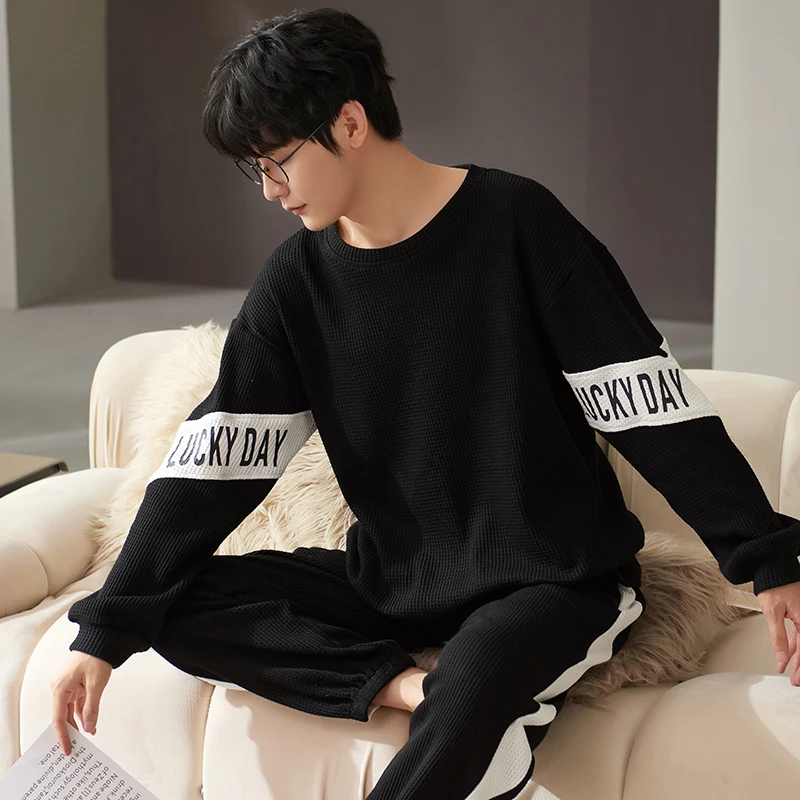 Mens Pajamas Solid Color Casual Soft Sleepwear Cartoon Breath Pajama Sets Sleep&Lounge Pyjamas Spring Autumn Comfort Homewear