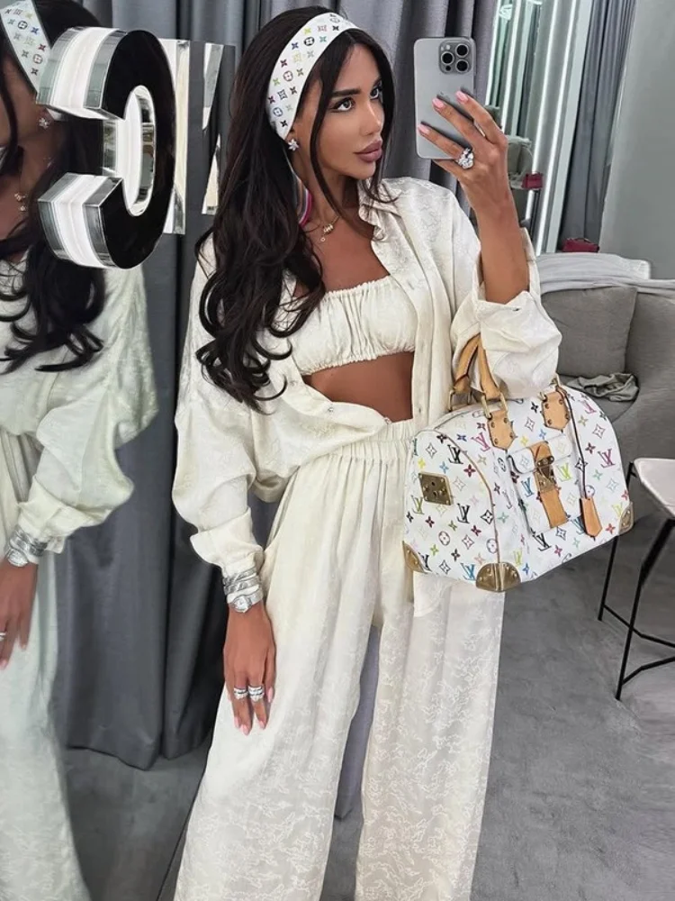 Wmstar Three Ece Set Women Wholesale Woman 2025 Summer New Fashion Lapel Long-sleeved Shirt Strapless Wide Leg Long Pants