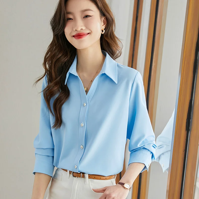 

Рубашка женская однотонная с отложным воротником, весна 2023