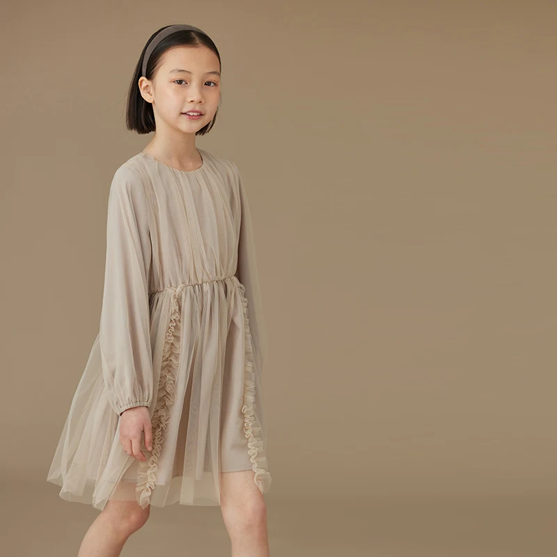 

Детская одежда, одежда для девочек, платье на весну и лето, сарафан, милое Сетчатое платье принцессы молочного чая и бежевого цвета, платье с длинным рукавом для девочек