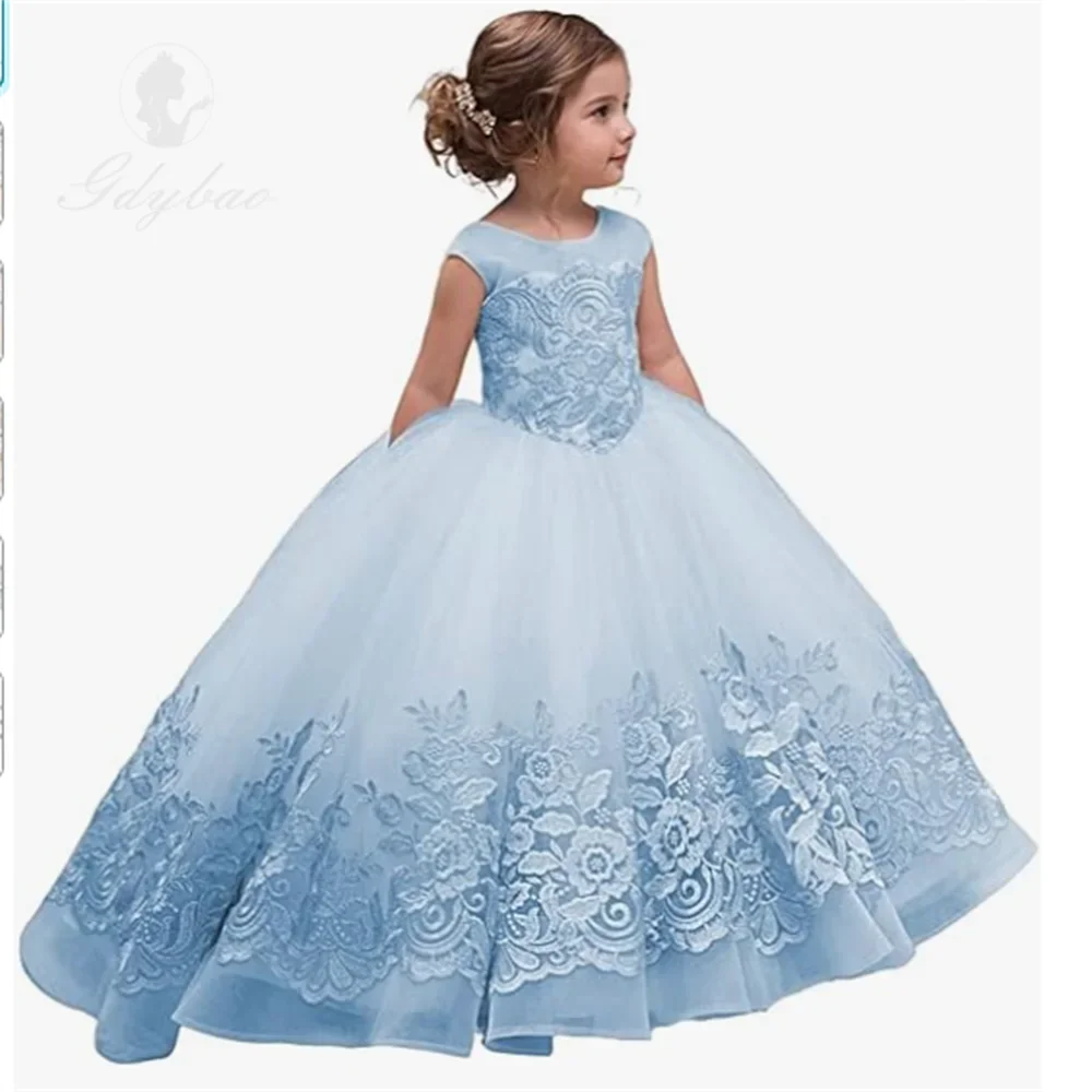

Appliques Flower Girls Dresses Tulle Princess Wedding Pageant Ball Gown with Bow-Knot First Communion Dress