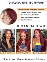 Perruques Lace Front 13x4 HD Transparentes en Cheveux Humains Rouge Bourgogne 99J, Ondulées, Pré-Pluckées, 34 Pouces, Pour Femmes 4