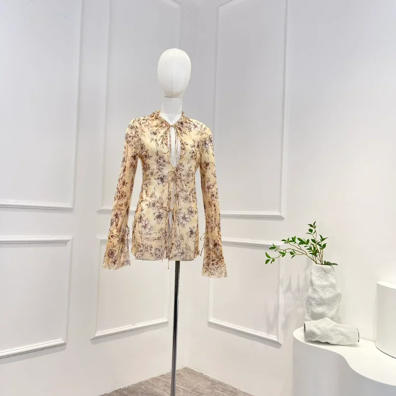 

New Arrivals 2023 High Quality Silk Vintage Floral Print Bow Lace-up O-Neck Full Sleeve Hollow Out Women Blouse