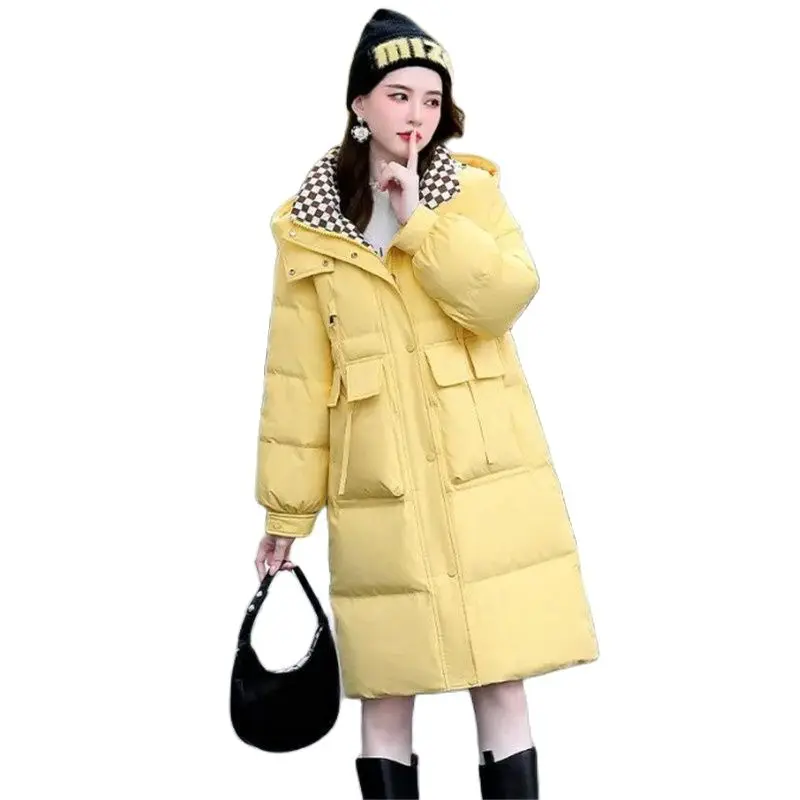 

Autumn Winter Long Cotton-Padded Jacket 2023 New Hooded Color Matching Trench Coat Zipper Covered Button Windbreakers Female