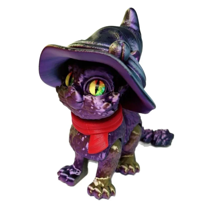 Magical 3D Printed Movable Cat Figurine with Witch Hat - Home and Office Decoration Gift