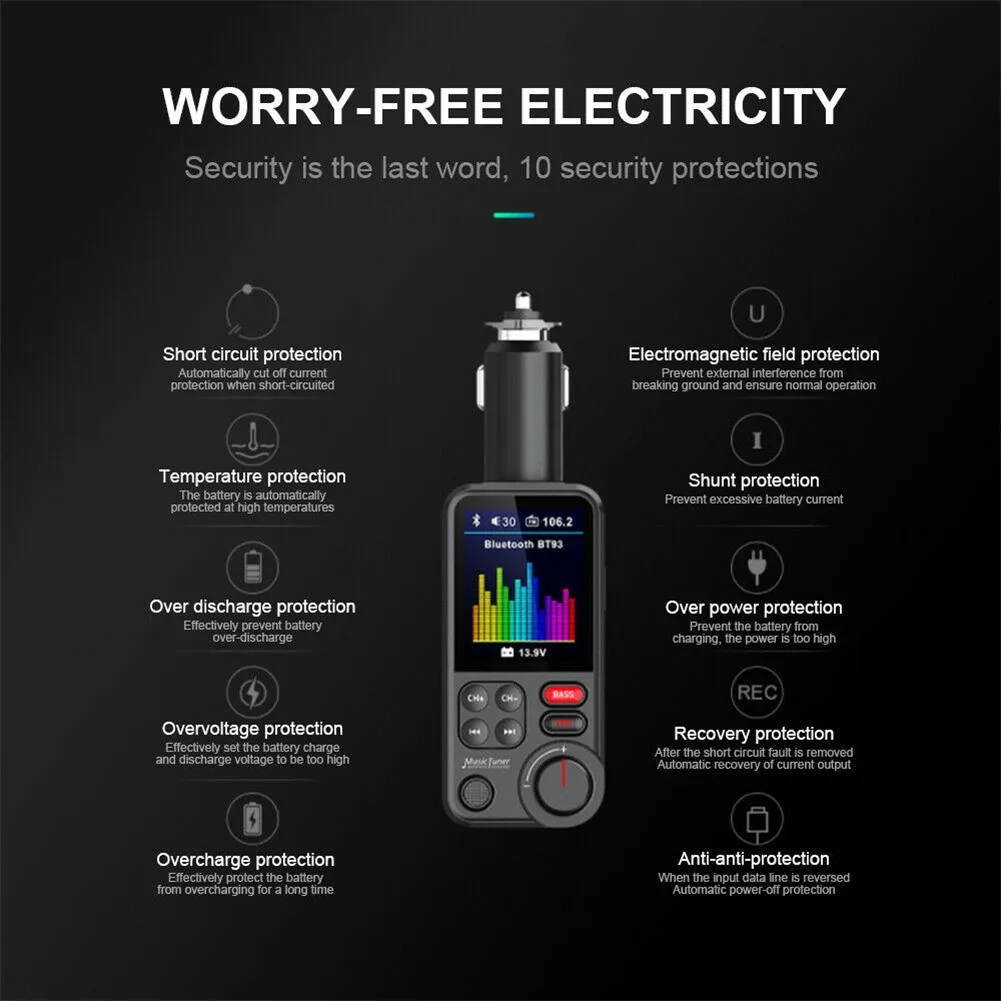 

Mp3-плеер, FM-передатчик, беспроводной FM-передатчик Handsfree 23 Вт, аудио зарядка BT93 5,0, гарнитура, mp3-плеер, радио