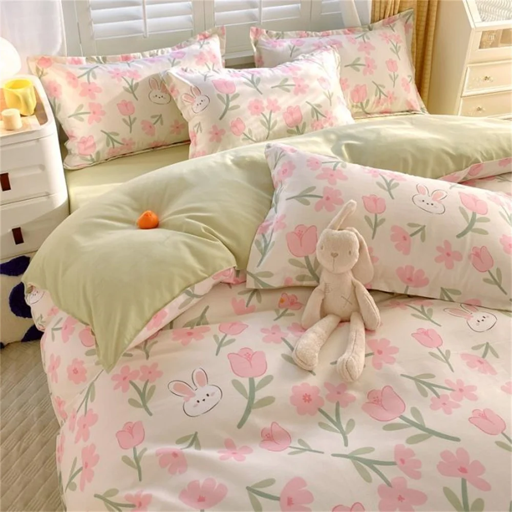 

Pink Tulips Flowers Bedding Sets INS Duvet Cover Single Double Queen Size Bed Linens Quilt Covers Sheet Washed Cotton Bedclothes