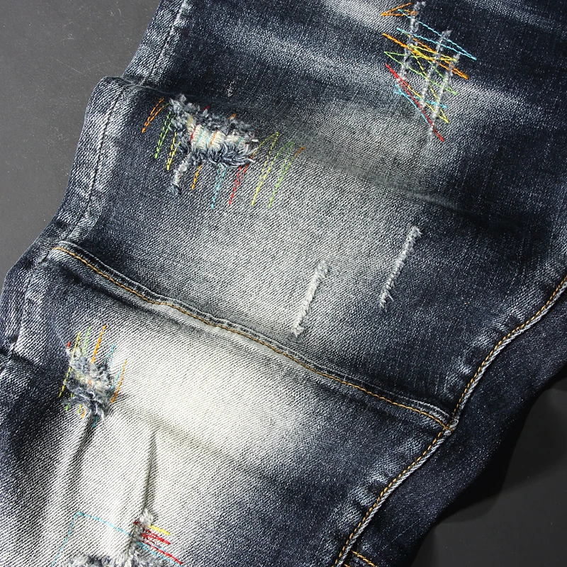 Streetwear Fashion Men Jeans Retro Black Blue Elastic Slim Fit Ripped Spliced Designer Embroidery Hip Hop Denim Pants