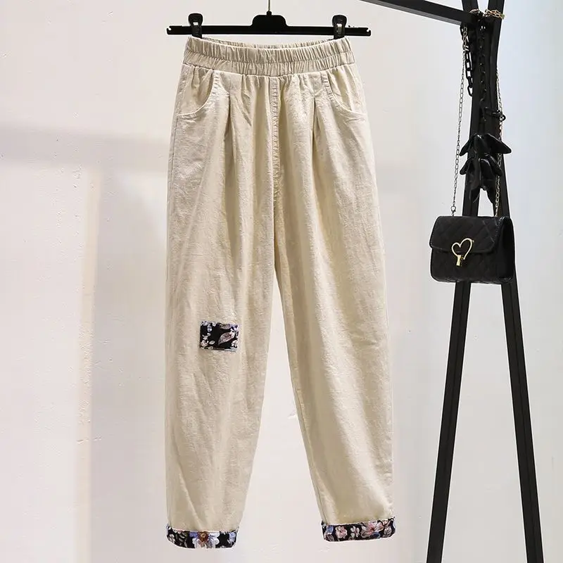 2024 Summer New Simple Cotton and Hemp Embroidered Women's Wear Elastic Waist Loose and Slim Casual Haren Ankle Length Pants