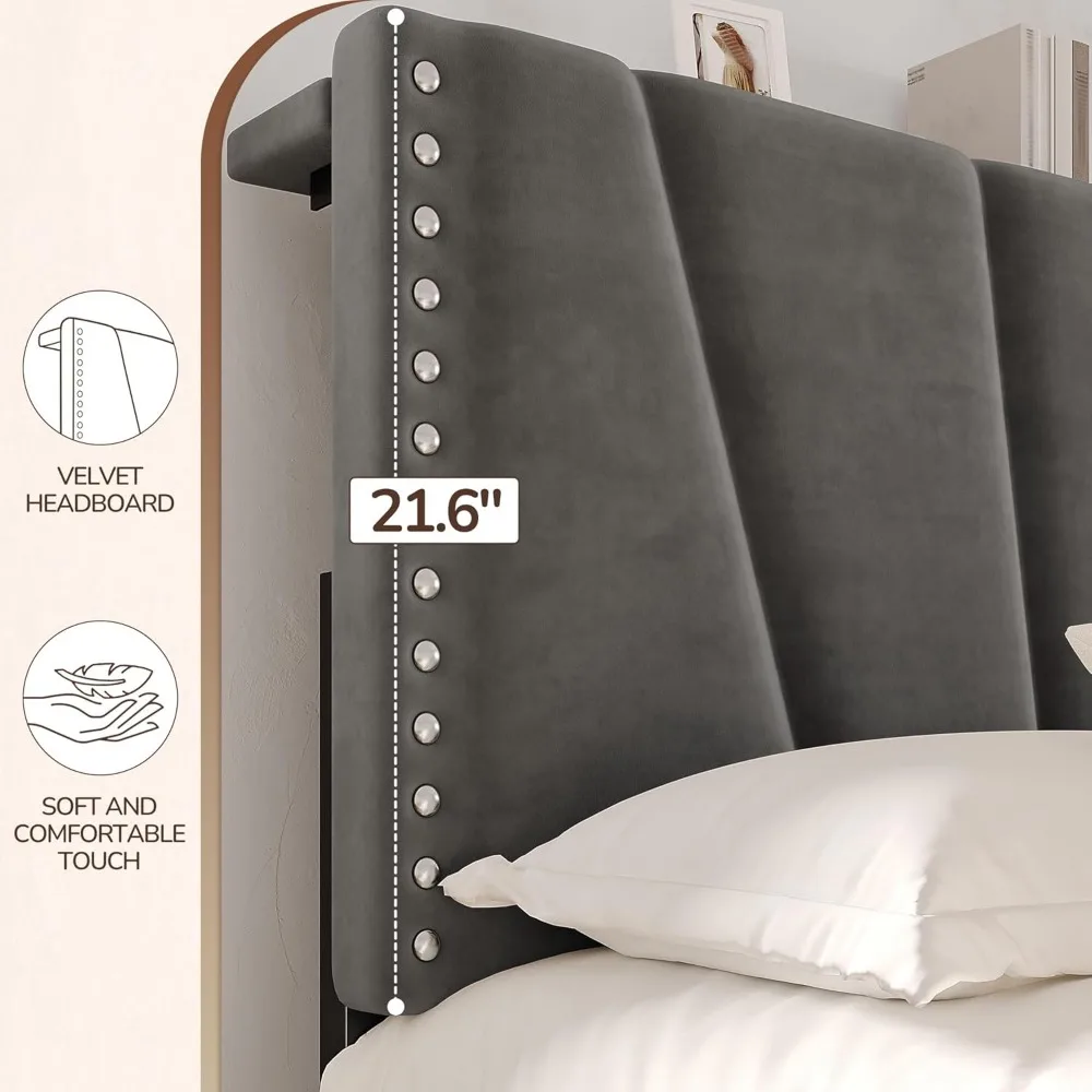 King Size Bed Frame with Velvet Headboard, Platform Bed Featuring Storage Headboard, Charging Station, and LED Lights for Modern 4