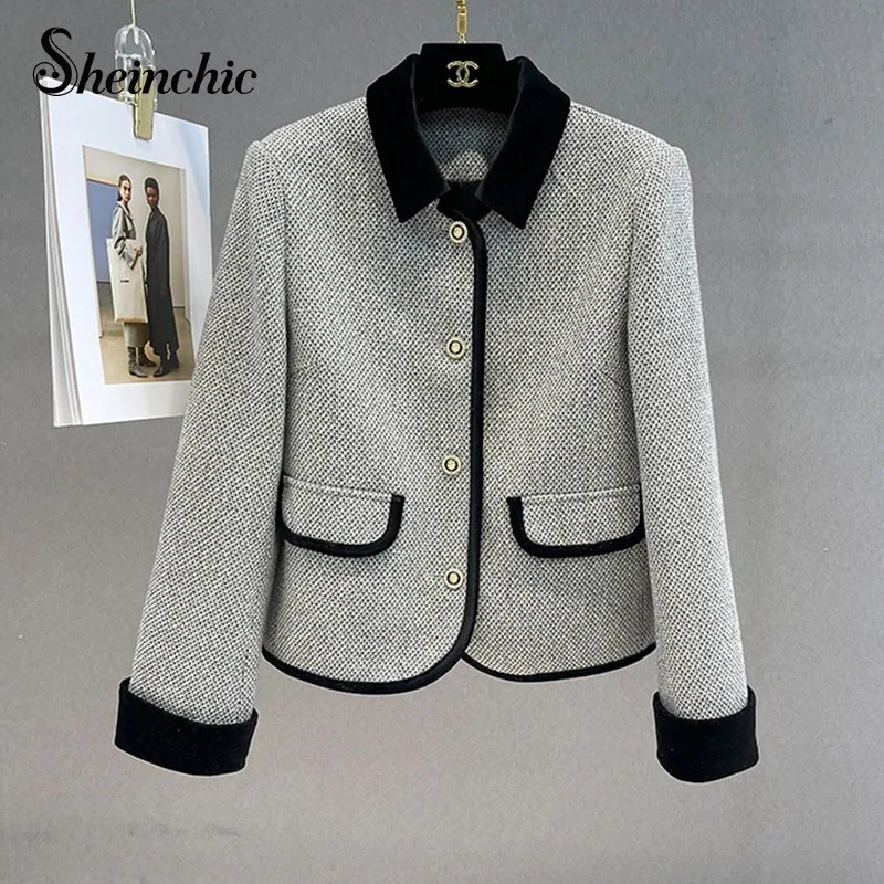 

Vintage Gray Patchwork Wool Coats for Women Autumn Winter High Quality Tweed Jacket 2023 New In Outwears Chaquetas Para Mujeres