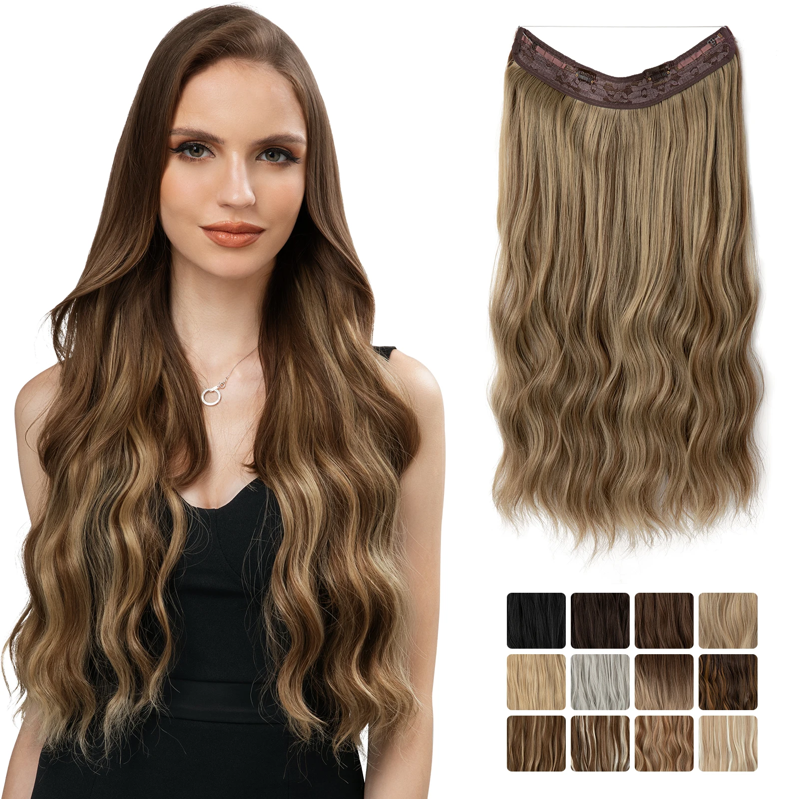 Synthetic Hair Extensions Synthetic Wave Invisible Clip in Hair Extensions Fish Line Ombre Natural Blonde One Piece Hairpiece Fake Hair Piece