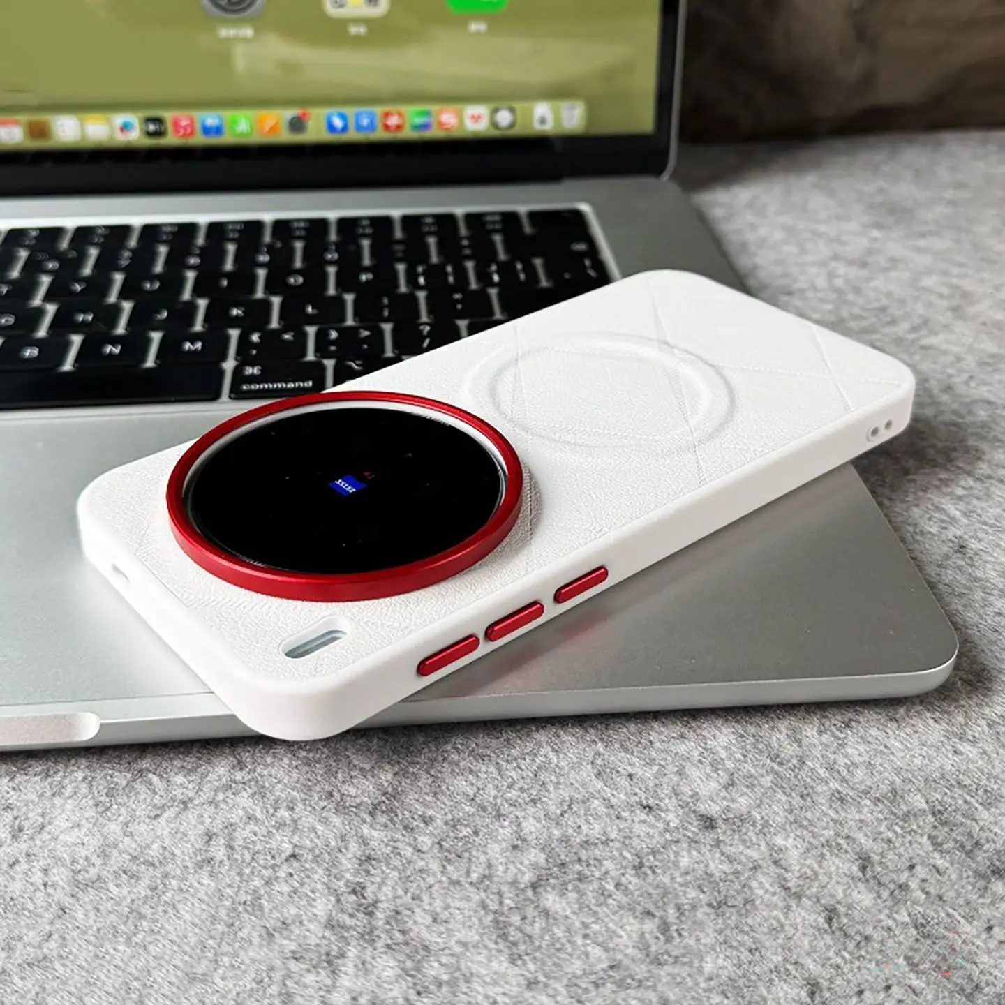 Luxury Diamond Pattern Leather Cover with Magnetic Red Lens Ring and Metal Buttons - Shockproof Case in Elegant Red