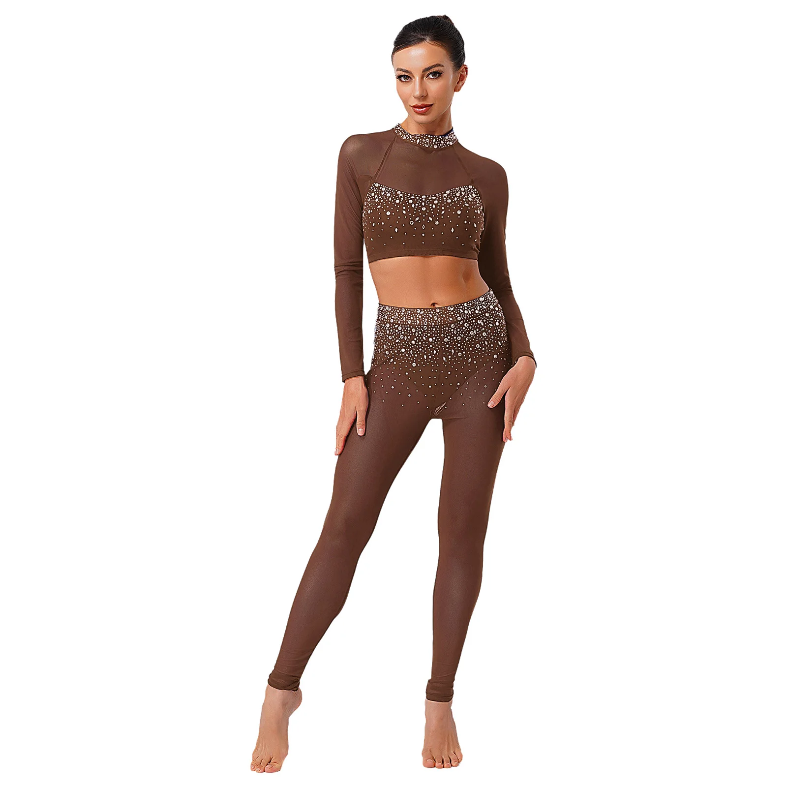 Damen-Outfit für lateinamerikanischen Bauchballett, rückenfrei, asymmetrisches Crop-Top und lange Mesh-Hosen, glitzerndes Strass-Tanzkostüm – Detail 2