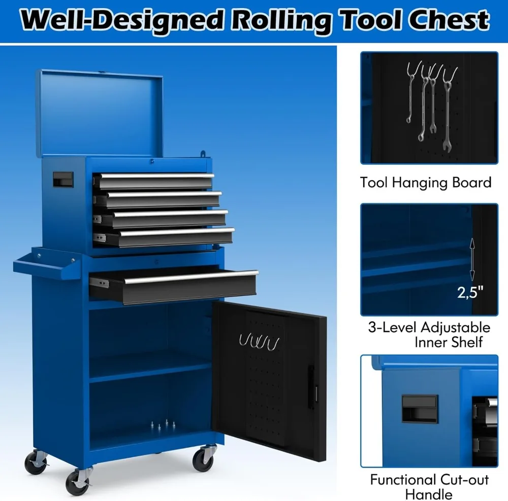Goplus Tool Chest, 5-Drawer Rolling Tool Storage Cabinet with Detachable Top Tool Box, Liner, Universal Lockable Wheels, 5