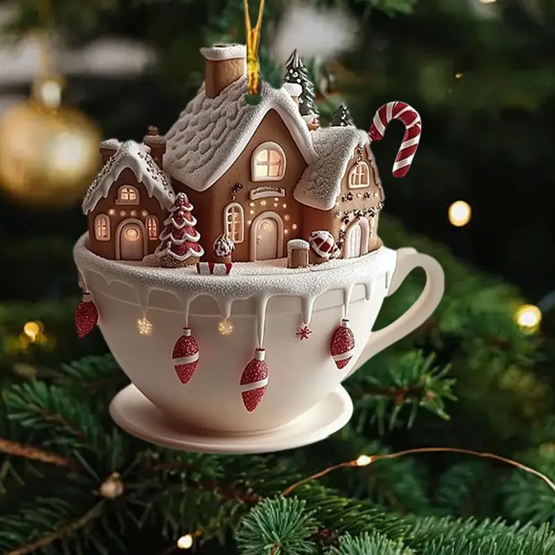 Coffee Cup Ornaments For Christmas Tree 2D Acrylic Christmas Snow Houses Chocolate Mug Pendant Tree & Car Decor