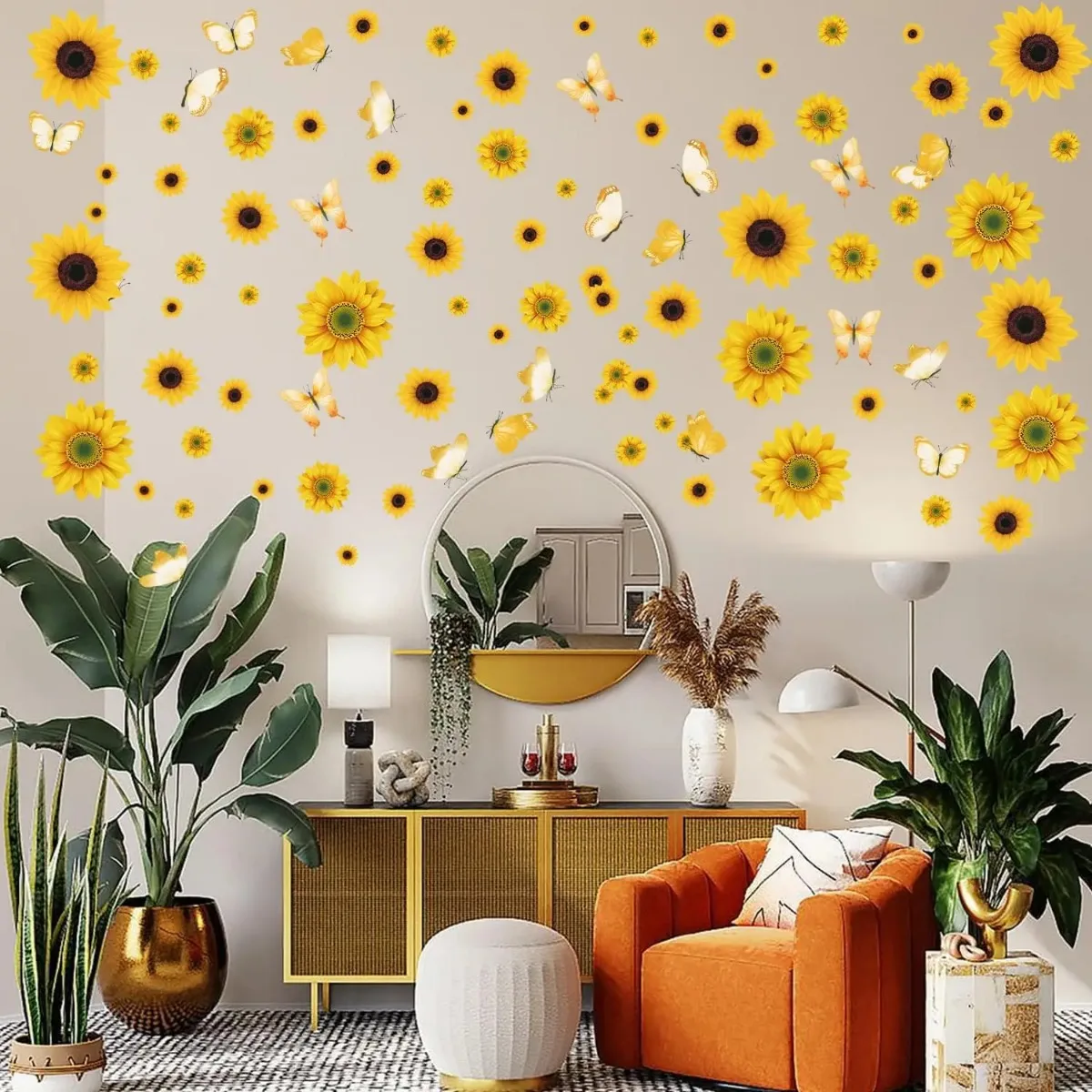 Wall Stickers Sunflower Decorations for Bedroom Kitchen Classroom Living Room Self-Adhesive Vinyl Sunflower and Butterfly Wall Stickers