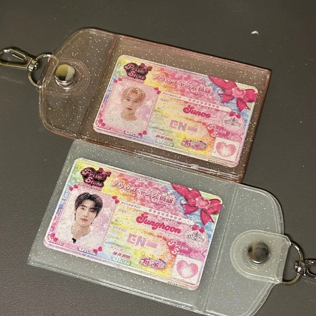INS Transparent Sparkling Kpop Idol Card Holder Fit 3inch Glitter Pvc Student ID Bank Bus Card Storage Protective Cover Keychain 4