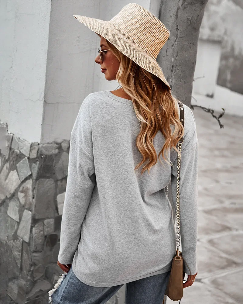 Autumn Winter Warm Irregular Pullovers Women Fashion Solid Colors Long Sleeve O-Neck Sweatshirts 2023 New Button Cotton Pullover