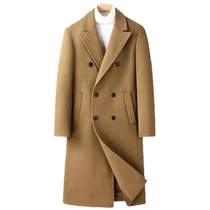 Пальто мужское шерстяное выше колена, двубортное деловое повседневное пальто с косым карманом, длинное шерстяное, Осень-зима