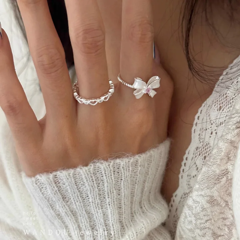 

PANJBJ 925 Sterling Silver Bow Knot Zircon Ring for Women Girl Party Gift Love Hollowing Out Sweet Jewelry Dropshipping