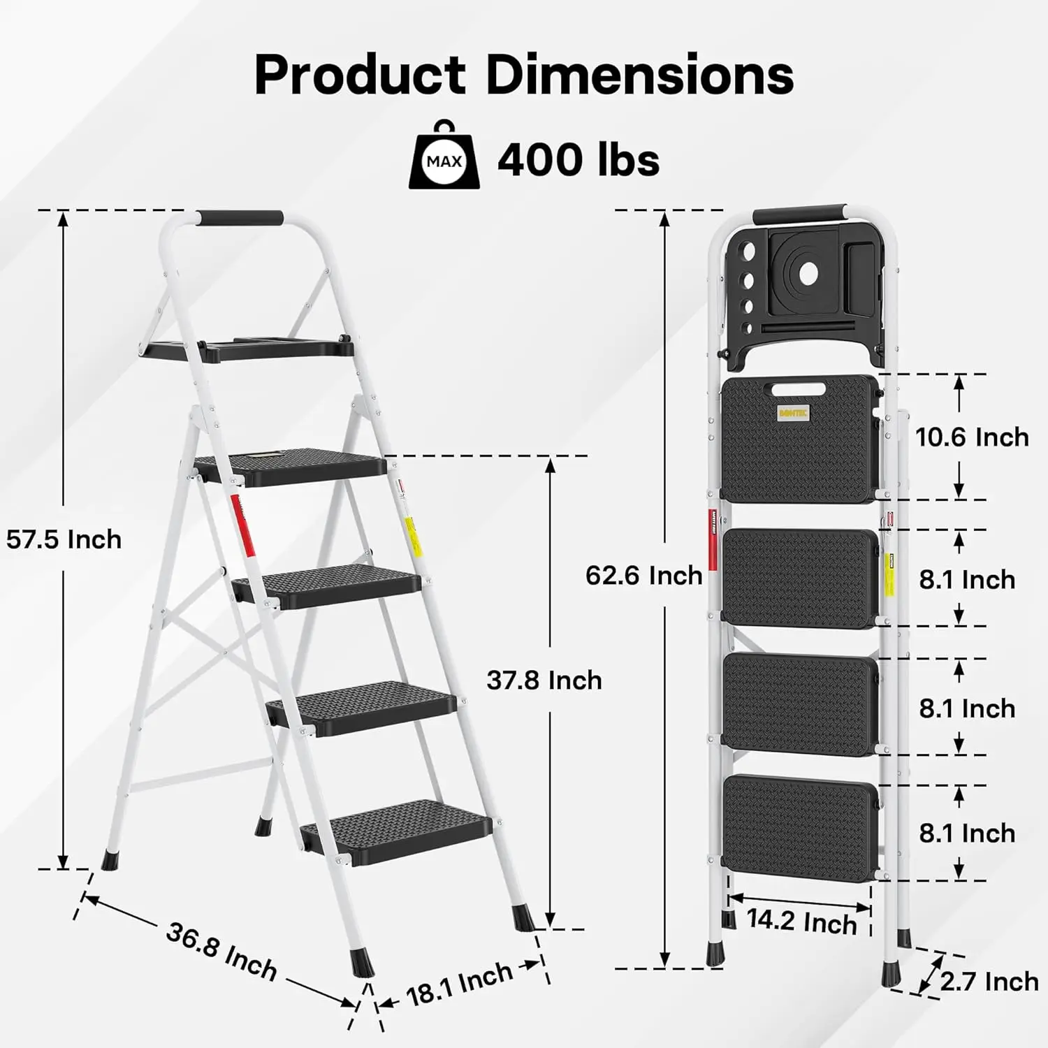 BONTEC 4-Step Ladder, Folding Step Stool with Tool Platform, Wide Anti-Slip Pedals, Max Load Capacity 400lbs Sturdy Steel Ladder