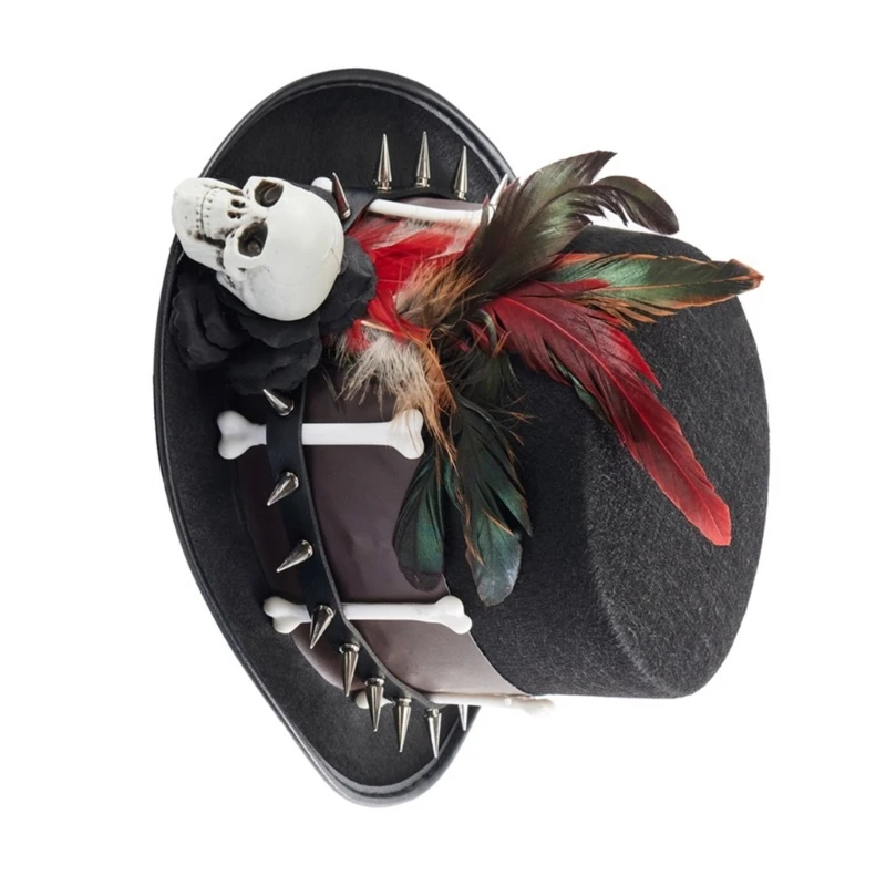 

Flat Top Hat Steampunk Fedoras Hat Medieval Halloween Women Skull Feathered Hat Dropship