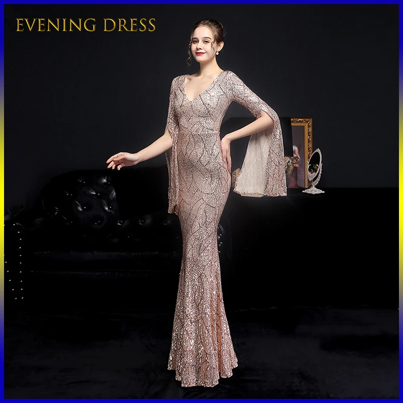 

Elegant Party Maxi Dress Gold Sequin Evening Dress YIDINGZS Women Long Sleeve Dress Party Prom Dress New 18576