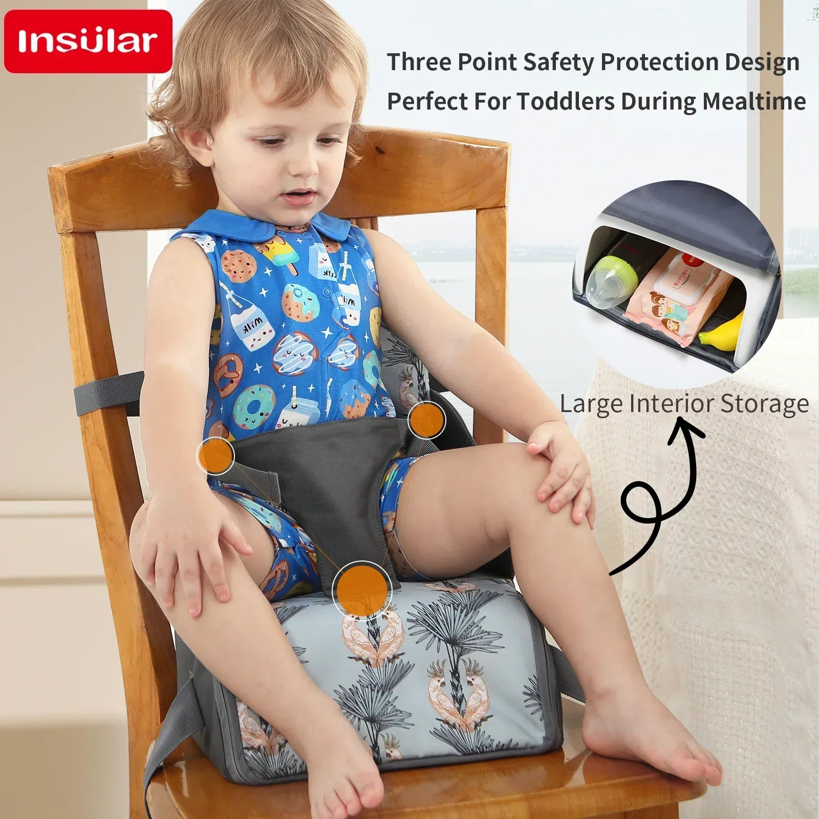 Baby Booster Seat Travel Booster Seat For Kitchen Chair PU Washable Straps Safety Buckle Portable Travel Toddler