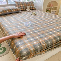 100% Cotton Elastic Bed Sheets Sets Plaid Print Fitted Sheet + 2pc Pillowcases Twin Full Queen King Cal-King Size Bed Cover B99G 3