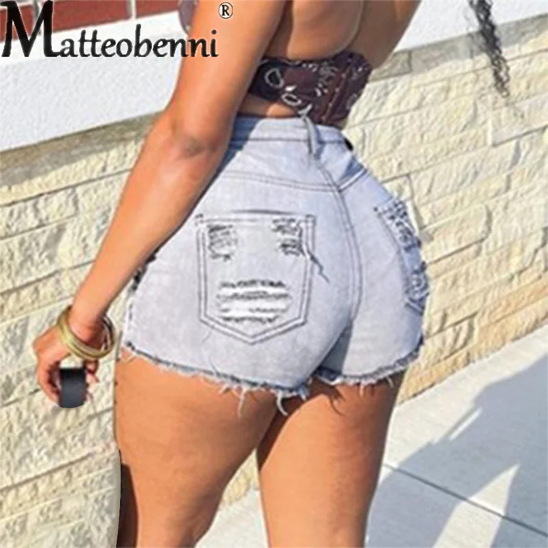 Broken Holes Stretch Denim Shorts Trend Streetwear Women's England Style High Waist Casual Three Quarter Pants Female Mini Jeans
