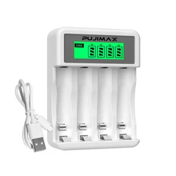 PUJIMAX Smart LCD Battery Charger with 4 Slots for Rechargeable AA/AAA Batteries (White)