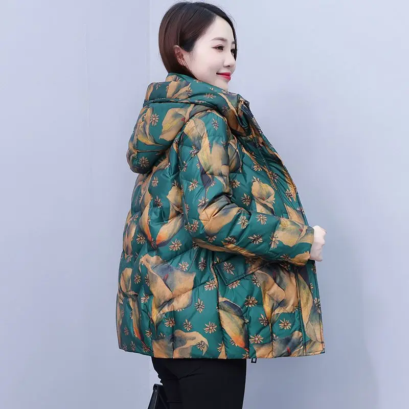 

2023 New Printing Loose Fit Parkas Winter Coat Women Clothes Casual Hooded Keep Warm Jacket Female Outerwear T910