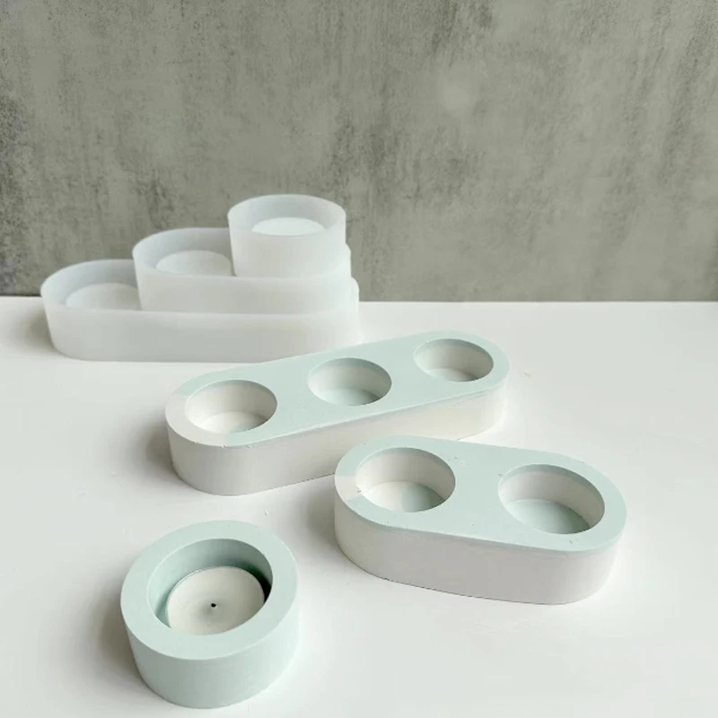 3 Holes Candlesticks Cement Silicone Mold DIY Cement Plaster Round Candle Holder Tray Pottery Mould Home Decor Candle Jar Making silicone mold