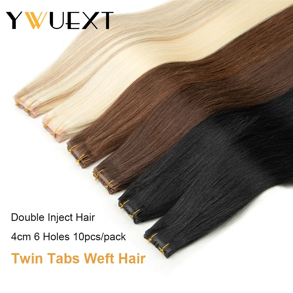 YWUEXT 16'' 20'' 24'' Twin Tab Weft Hair Extensions 100% Natural Human Hair Machine Remy Pull Through Hole Tape 10pcs/pack