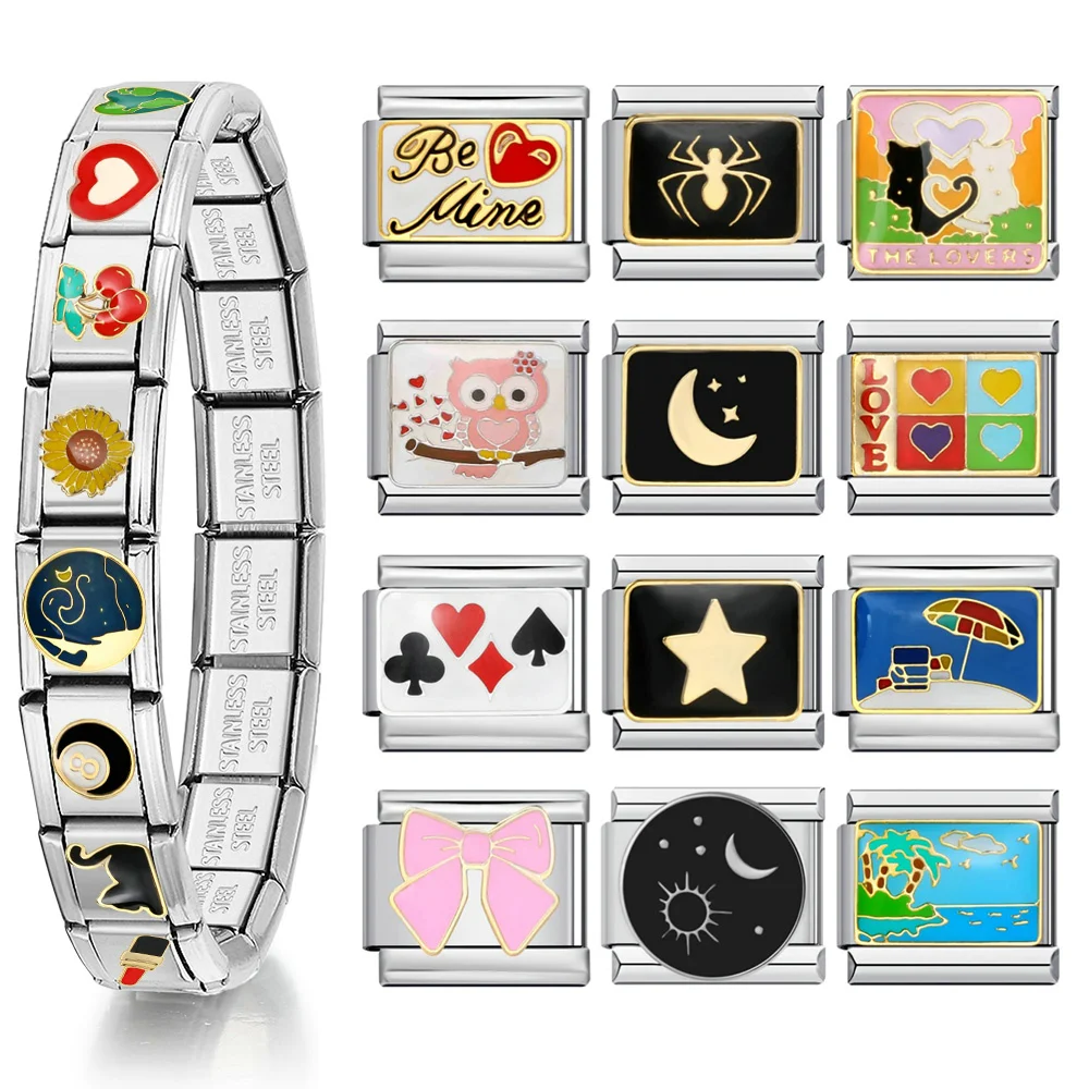 1 Stück Charm italienische elastische Glieder passen 9 mm Edelstahl Armband Design Sternenhimmel Sterne Mond Meer Katze DIY Herstellung von Schmuck