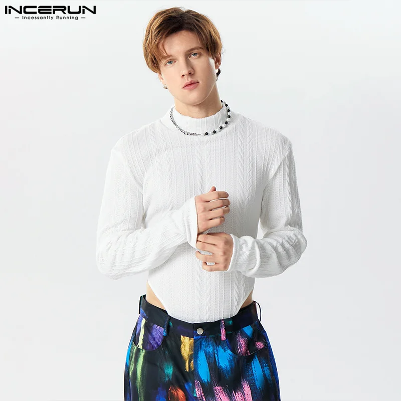 Men bodysuits solid color turtleneck long sleeve streetwear male rompers fitness sexy fashion casual bodysuit S-3XL INCERUN