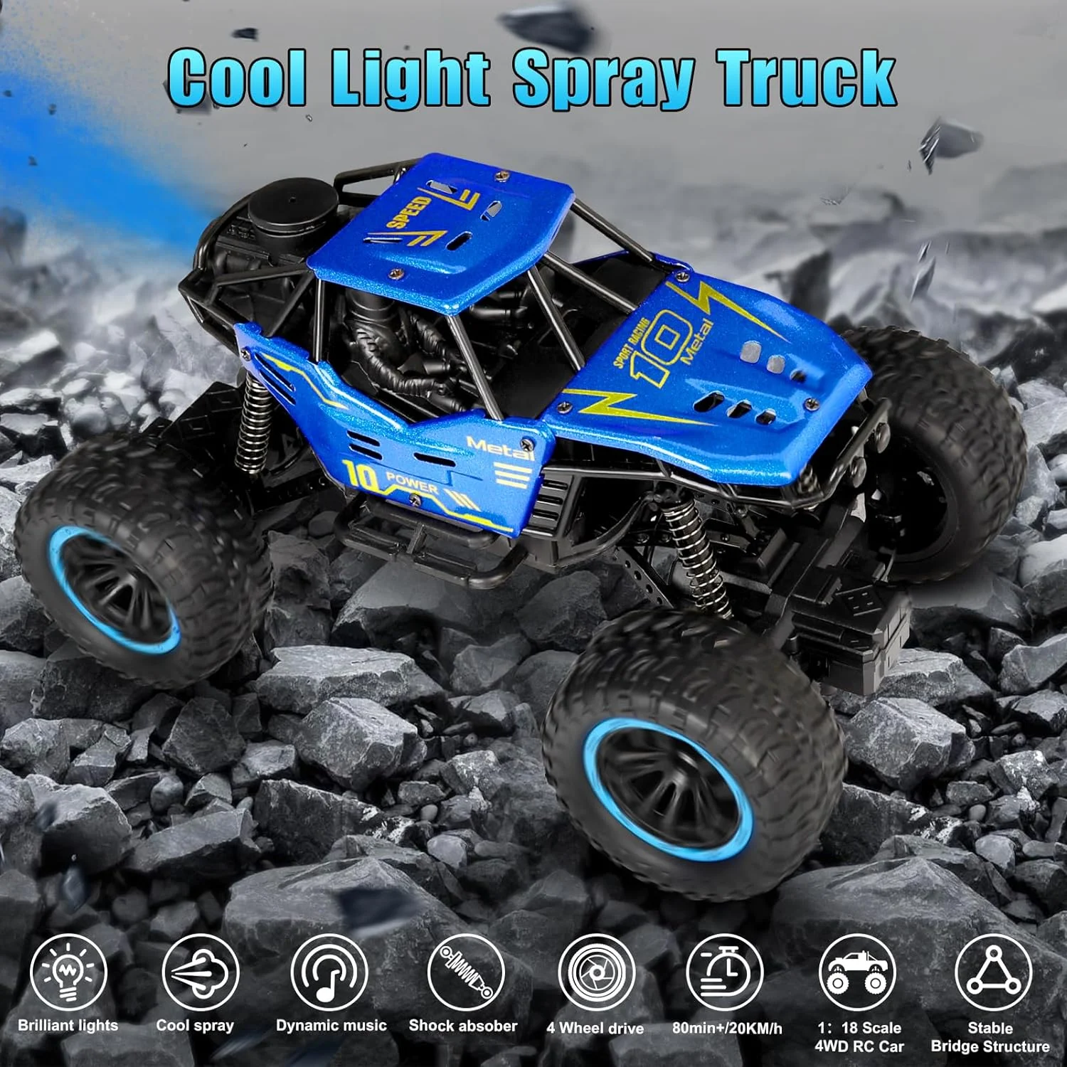 Remote Control Cars, 1:18 Scale All Terrain RC Car, RC Monster Truck Toys with Spray LED Lights, 4WD Alloy Climbing Car Toys 2