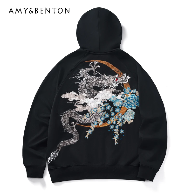 2023 Autumn Winter New Heavy Industry Dragon Embroidery Men's Hooded Cardigan Sweatshirt National Fashion Youth Embroidered Coat