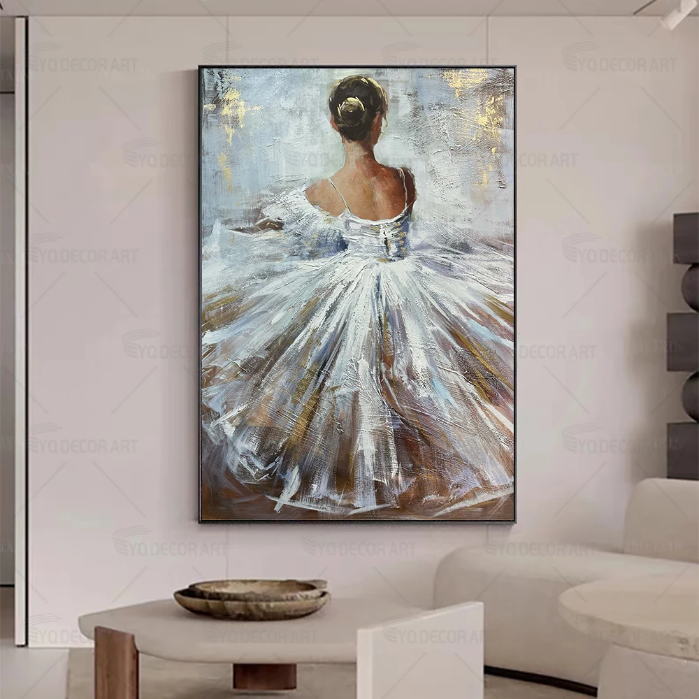 

100% Hand Painted Girl Dancing in White Dress Modern Abstract Figure Art Oil Painting Canvas Wall Art Painting for Living Room