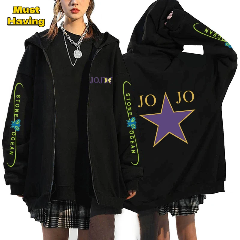 

JOJO's Bizarre Adventure Zip Up Hoodies Anime Graphic Hooded Sweatshirt Casual Oversized Coats Jackets Fleece Lined Outwear