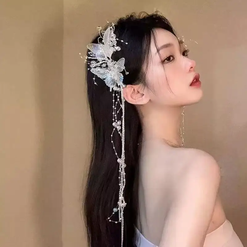 【MAX-22】Lange Schmetterlings-Perlen-Quasten-Haarspange für Frauen, feenhaftes Temperament, süße Prinzessin, Haarnadel, Braut-Haarschmuck – Detail 7