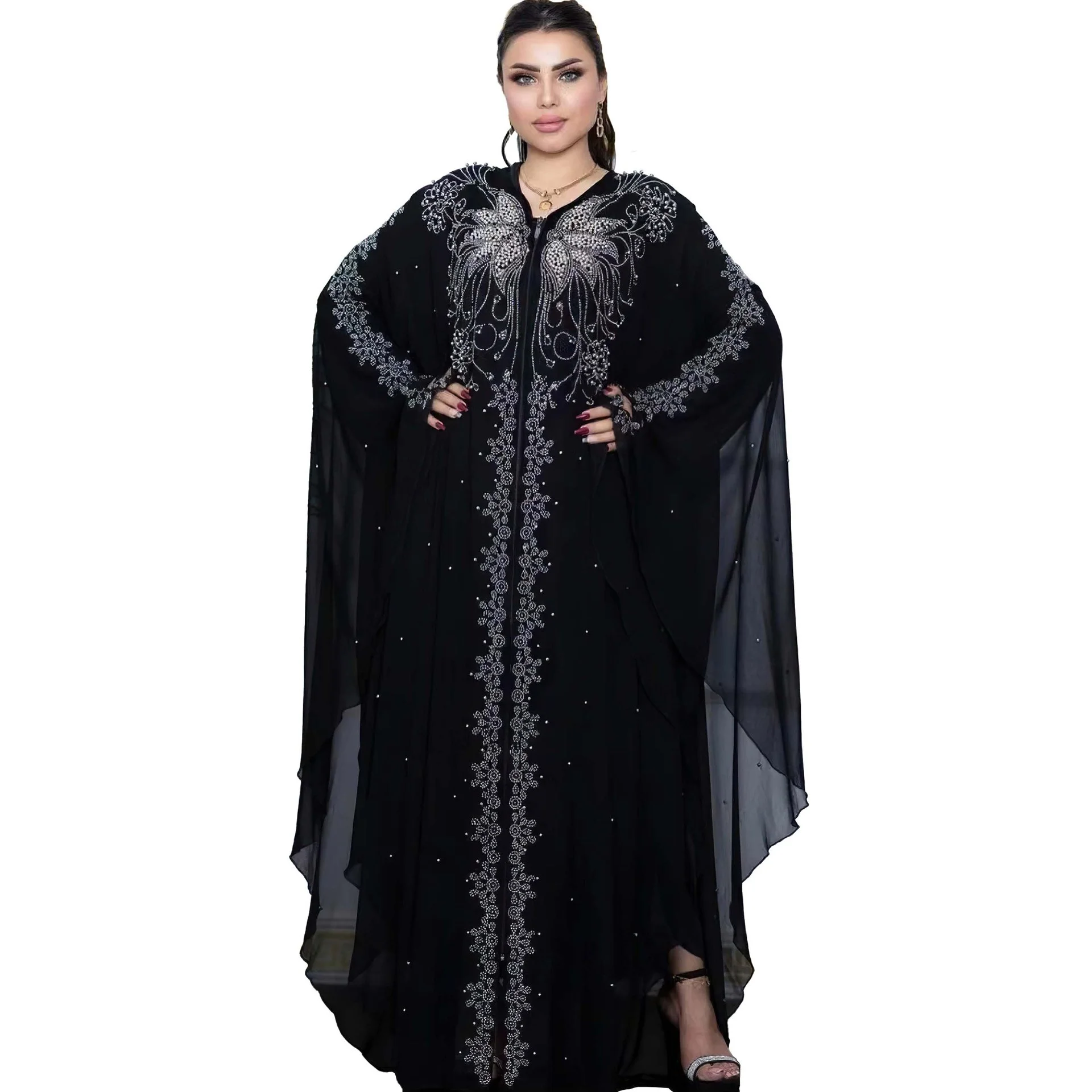Black Jellaba For Women Muslin Dubai Turkey Morocco Caftan Kaftan Loose Bat Sleeves V-neck Robe Fashion Women Clothing Islam