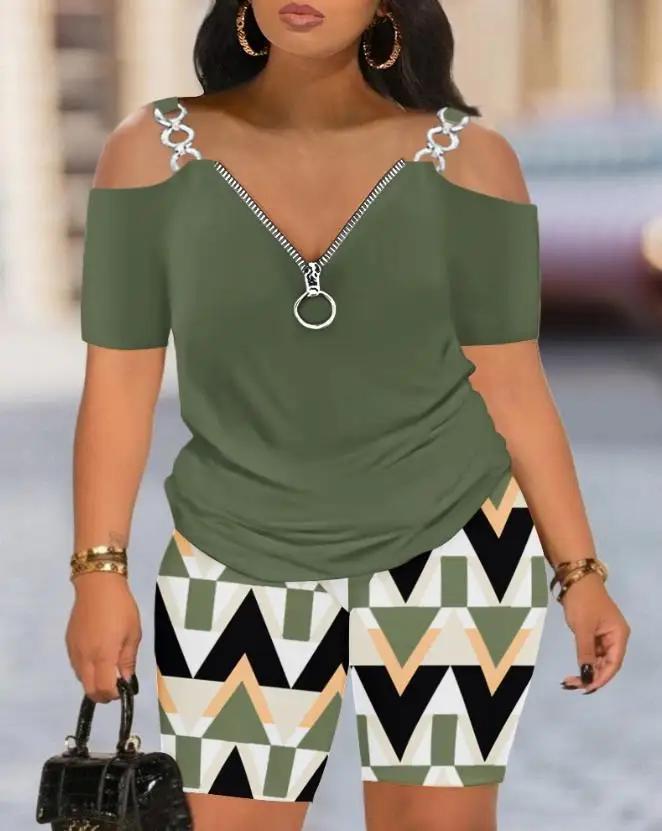 Summer Outfits for Women 2024 Two Piece V-Neck Cold Shoulder Chain Decor Short SleeveTop and Geo Print Shorts Set Casual Fashion